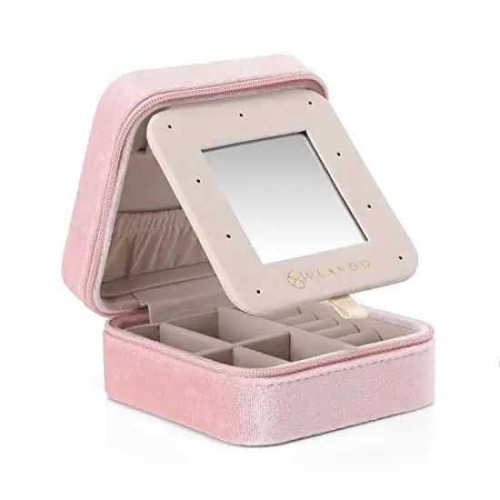 Vlando Small Travel Jewelry Box Organizer Display Case for Rings Earrings Necklaces Storage, Selected Soft Velvet, Letter J Engraved, Pink {4}