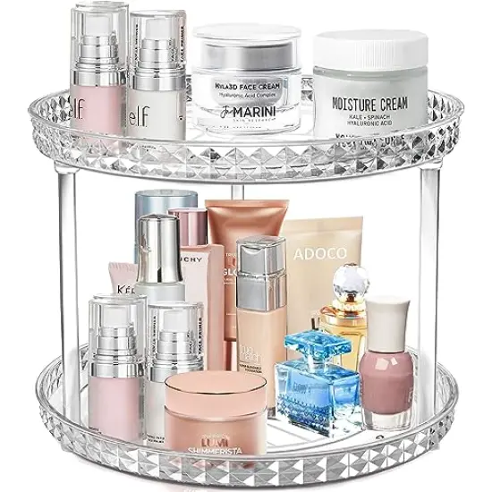 2 Tier Diamond Lazy Susan Bathroom Organizer Countertop, Clear 360 Rotating Cosmetic Makeup Organizer for Vanity, Skincare Organizers Perfume Organizer for Counter - Organization and Storage -9.25INCH {1}
