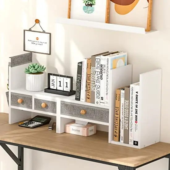 Wood Expandable Desktop Bookshelf Counter Bookcase Adjustable with Drawers Desktop Shelves Rack Storage Organizer for Office Supplies,Makeup,White.Petent Pending {2}