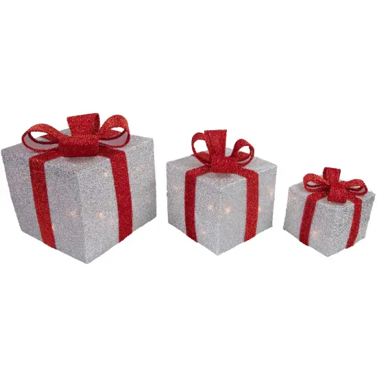 Northlight Set of 3 Silver Tinsel Lighted Gift Boxes with Red Bows Outdoor Christmas Decorations {6}