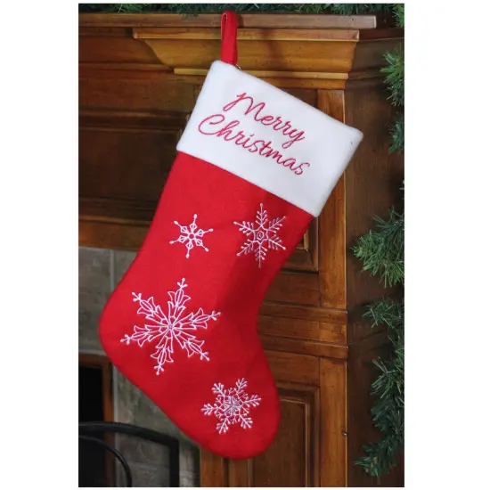 Northlight 16" Red and White Merry Christmas Snowflake Embroidered Christmas Stocking {5}