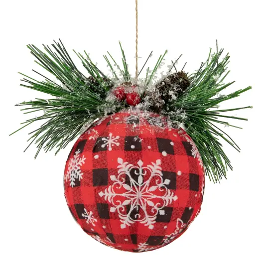 Northlight Buffalo Plaid and Pine Needle Snowflake Christmas Ball Ornament - 5.5" - Black and Red {4}