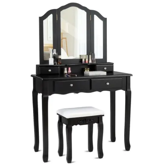 Tri Folding Mirror Vanity Table Stool Set with 4 Drawers and Cushioned Stool Black {3}