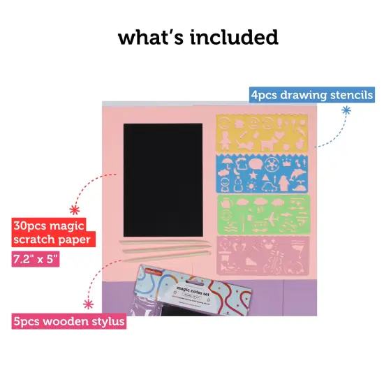 Incraftables Rainbow Scratch Paper Set. Magic Notes Kit with 30pcs Scratch Art Paper, 5pcs Wooden Stylus & 4pcs Drawing Stencils. Black Scratch Off Paper for Kids. Best Scratch Pad for Drawing & Craft {3}