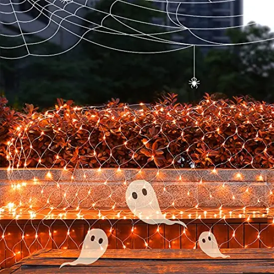 Outdoor Halloween Net Lights, 12FT x 5FT 360 LED Fairy String Light with 8 Lighting Modes, Connectable Light Safe Adaptor for Garden Tree, Bushes, Holiday Wedding Party Decorations, Orange {6}