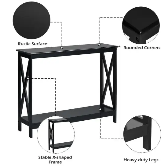 2-Tier Console X-Design Sofa Side Accent Table with Spacious Storage Space Black {5}