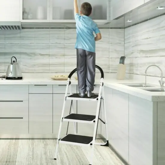 3-Step Space-Saving Foldable Ladder with Safety Rail and Wide Pedals Ideal for Home and Office {3}