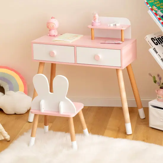 Kids Vanity Table and Chair Set with Drawer Shelf and Rabbit Mirror White {3}