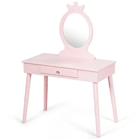 Kids Vanity Makeup Table and Chair Set Make Up Stool Pink {4}