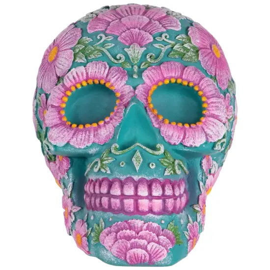 Northlight Day of the Dead Skull Coin Bank - 7.75" - Teal Blue and Pink {1}