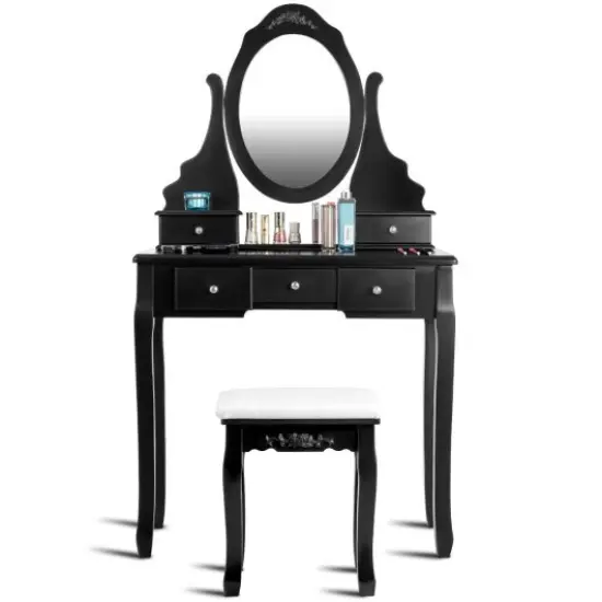 Wooden Vanity Set with 360&deg; Rotating Oval Mirror and Cushioned Stool Black {3}