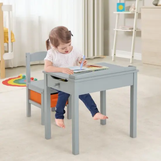 Wood Activity Kids Table and Chair Set with Flip Top Design and Pull-out Drawer Grey {3}