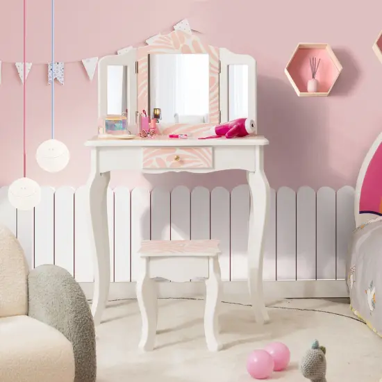 2-in-1 Kids Vanity Table Set with Tri-folding Mirror-Pink {3}