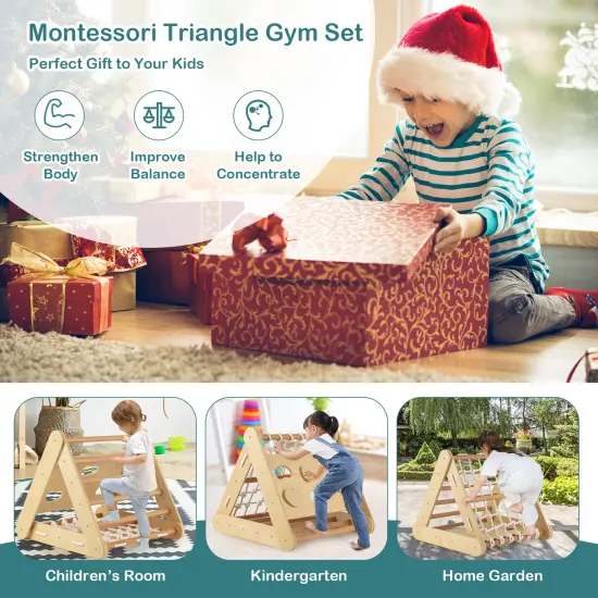 4 in 1 Triangle Climber Toy with Sliding Board and Climbing Net Natural {5}