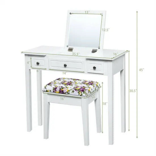 2-in-1 Vanity Table and Writing Desk with Mirror Storage and Stool Space Saving Design {4}