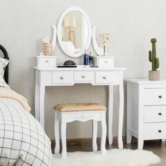 Vanity Make Up Table Set Dressing Table Set with 5 Drawers White {2}