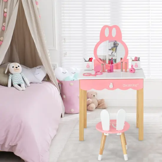 Kids Vanity Set Rabbit Makeup Dressing Table Chair Set with Mirror and Drawer White {3}
