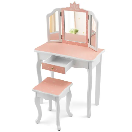 Princess Vanity Table and Chair Set with Tri-Folding Mirror and Snowflake Print-Pink {1}