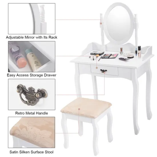 Wooded Vanity Table Set with Oval Mirror and Rotating Mirror {5}