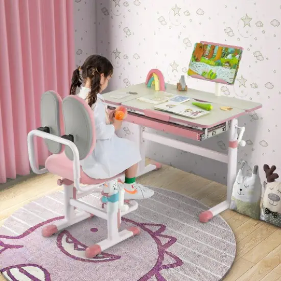 Height-Adjustable Kids Desk with Tilt Desktop and Book Stand-Pink {2}