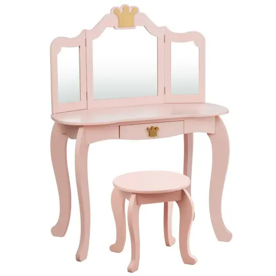 Kids Makeup Dressing Table with Tri-folding Mirror and Stool Pink {2}