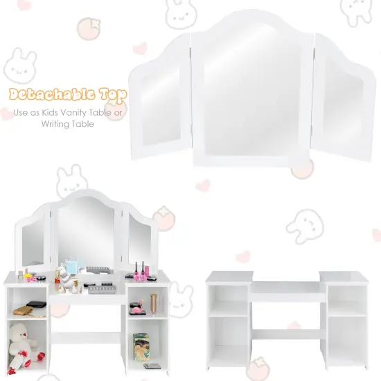 Multi-functional Kids Tri Folding Mirror Makeup Dressing Vanity Table Set with Large Storage Space White {5}