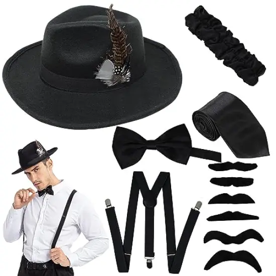 Manhattan 1920s Mens Gatsby Gangster Retro Costume Accessories Set (Black) {1}
