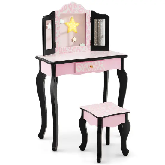 Kid Vanity Set with Tri-Folding Mirror and Leopard Print-Pink {1}