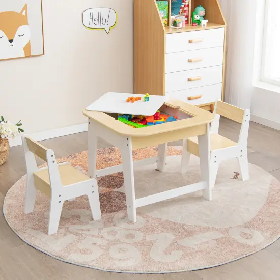 Kid's Table and Chairs Set with Double-sized Tabletop-Natural {3}