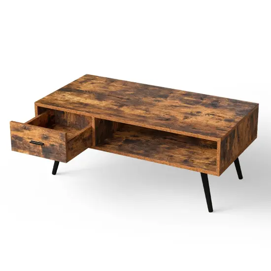 Retro Rectangular Coffee Table with Drawer and Storage Shelf-Rustic Brown {4}