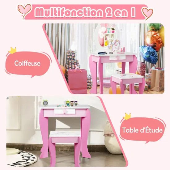 Kids Wooden Makeup Dressing Table and Chair Set with Mirror and Drawer White {7}