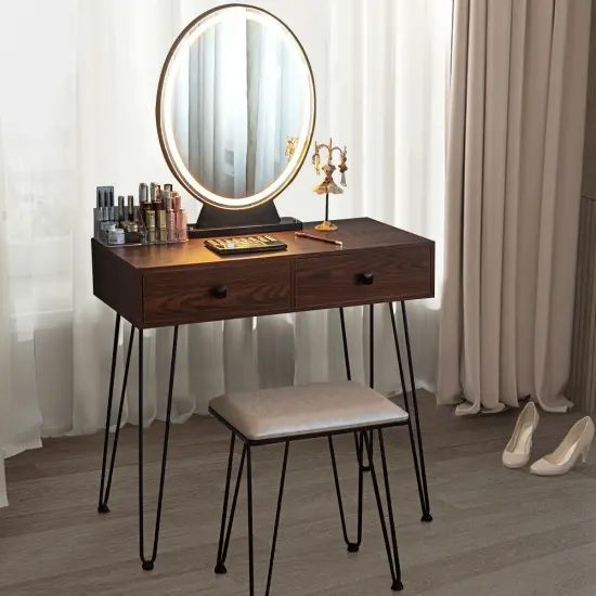 Makeup Dressing Table Included Soft Cushion Seat Stool with 3 Lighting Modes and 2 Large Drawers Coffee {2}