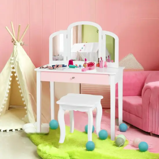 Kids Princess Make Up Dressing Table with Tri-folding Mirror and Chair White {6}