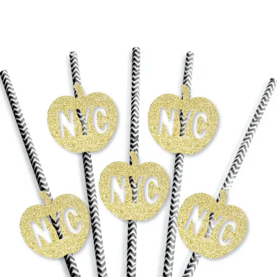 Big Dot of Happiness Gold Glitter NYC Apple Party Straws - No-Mess Real Glitter Cut-Outs and Decorative New York City Party Paper Straws - Set of 24 {4}