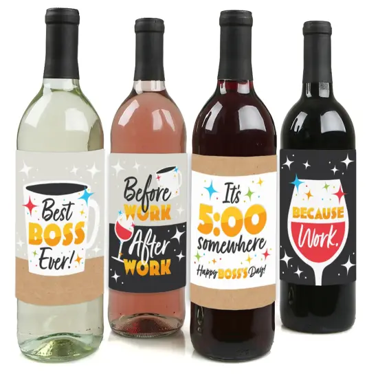 Big Dot of Happiness Happy Boss's Day - Best Boss Ever Decorations for Women and Men - Wine Bottle Label Stickers - Set of 4 {1}