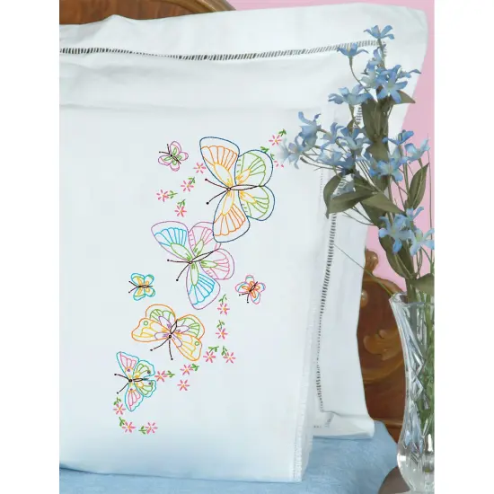 Jack Dempsey Stamped Pillowcases W/White Lace Edge 2/Pkg-Fluttering Butterflies {2}