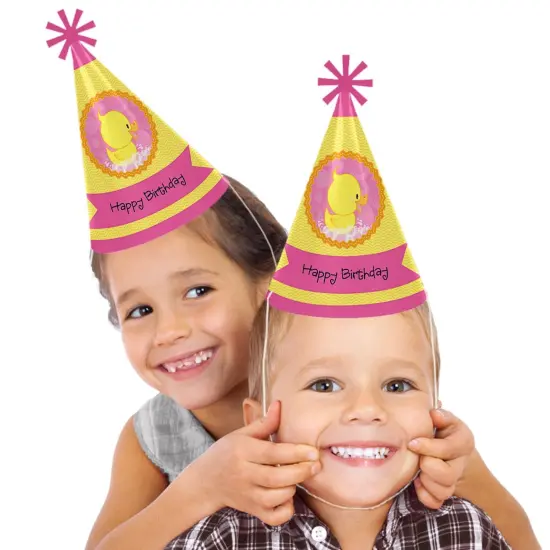 Big Dot of Happiness Pink Ducky Duck - Cone Happy Birthday Party Hats for Kids and Adults - Set of 8 (Standard Size) {3}