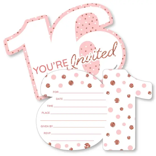 Big Dot of Happiness 16th Pink Rose Gold Birthday - Shaped Fill-In Invitations - Happy Birthday Party Invitation Cards with Envelopes - Set of 12 {1}