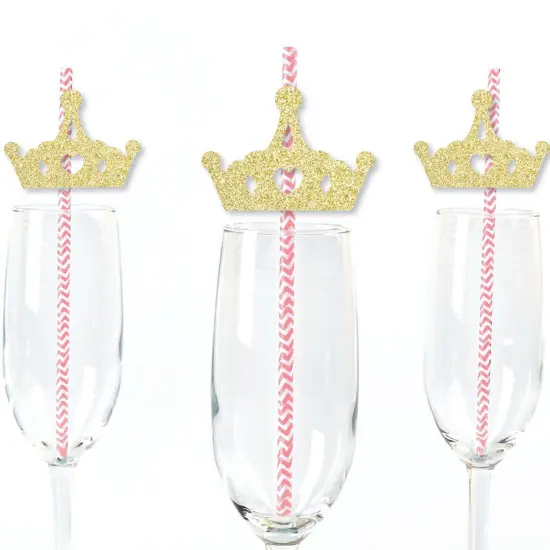 Big Dot of Happiness Gold Glitter Princess Crown Party Straws - No-Mess Real Glitter Cut-Outs & Baby Shower or Birthday Party Paper Straws - Set of 24 {1}