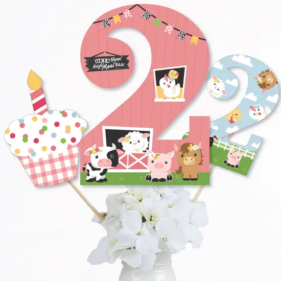 Big Dot of Happiness 2nd Birthday Girl Farm Animals - Pink Barnyard Second Birthday Party Centerpiece Sticks - Table Toppers - Set of 15 {4}