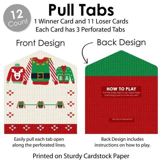 Big Dot of Happiness Ugly Sweater - Holiday and Christmas Party Game Pickle Cards - Pull Tabs 3-in-a-Row - Set of 12 {6}