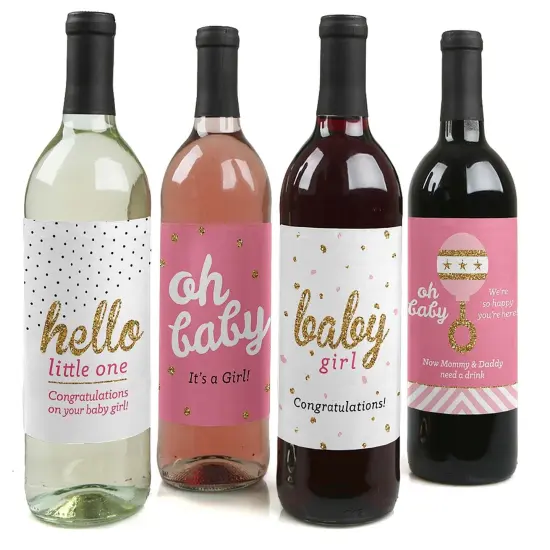 Big Dot of Happiness Hello Little One - Pink and Gold - Girl Baby Shower Gift for Women and Men - Wine Bottle Label Stickers - Set of 4 {1}