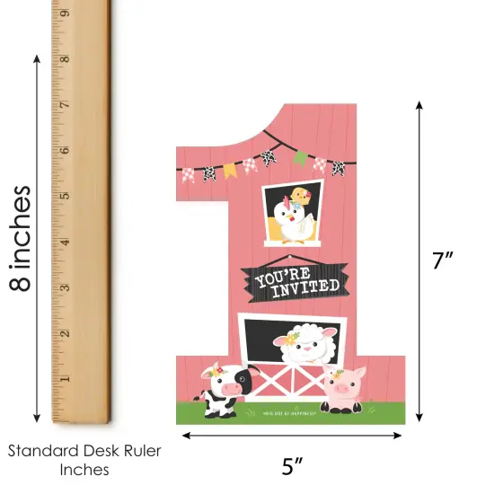 Big Dot of Happiness 1st Birthday Girl Farm Animals - Shaped Fill-In - Pink Barnyard First Birthday Party Invitation Cards with Envelopes - Set of 12 {7}