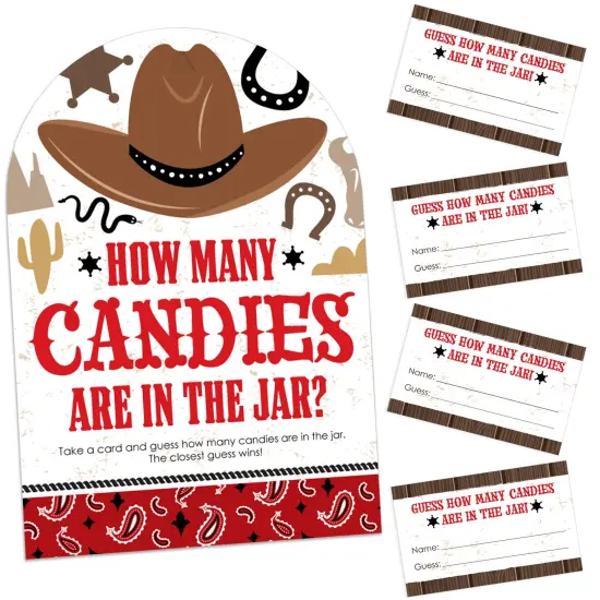 Big Dot of Happiness Western Hoedown - How Many Candies Wild West Cowboy Party Game - 1 Stand and 40 Cards - Candy Guessing Game {1}