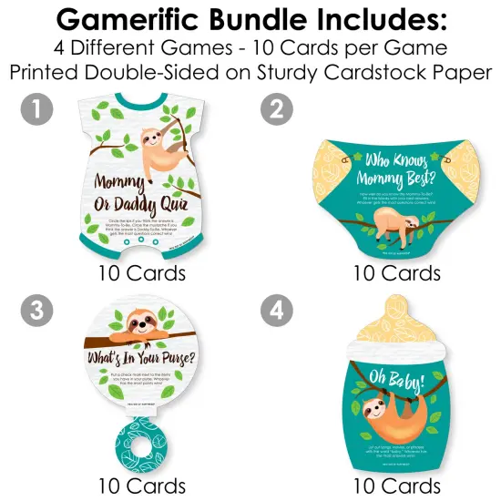 Big Dot of Happiness Let&rsquo;s Hang - Sloth - 4 Baby Shower Games - 10 Cards Each - Gamerific Bundle {4}
