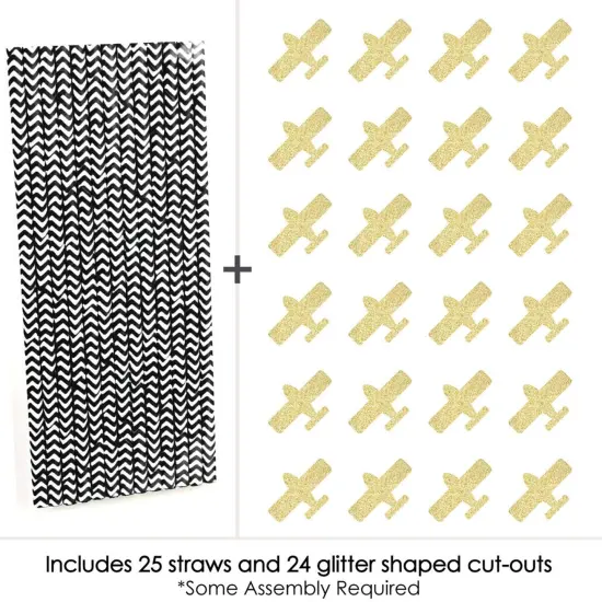 Big Dot of Happiness Gold Glitter Airplane Party Straws - No-Mess Real Gold Glitter Cut-Outs and Decorative Party Paper Straws - Set of 24 {6}
