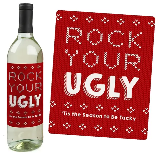 Big Dot of Happiness Ugly Sweater - Holiday and Christmas Wine Bottle Label Stickers - Set of 4 {7}