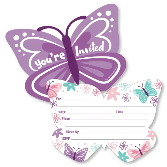 Big Dot of Happiness Beautiful Butterfly - Shaped Fill-In Invitations Floral Baby Shower or Birthday Party Invitation Cards with Envelopes - Set of 12 {1}