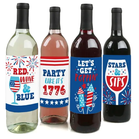 Big Dot of Happiness Firecracker 4th of July - Red, White and Royal Blue Party Decorations for Women and Men - Wine Bottle Label Stickers - Set of 4 {1}