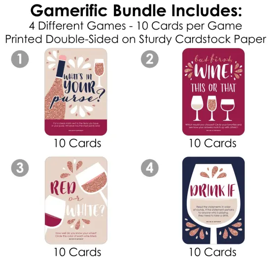 Big Dot of Happiness But First, Wine - 4 Wine Tasting Party Games - 10 Cards Each - Gamerific Bundle {4}